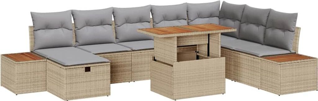 Gartensofa-set mit Kissen mit Speicher 9 pcs Beige Poly-Rattan