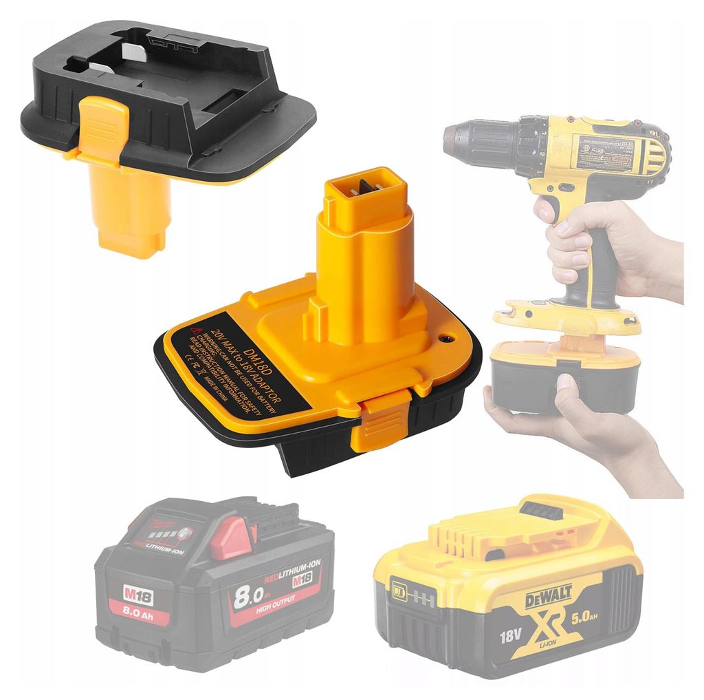 A collage of battery adapters and power tools.