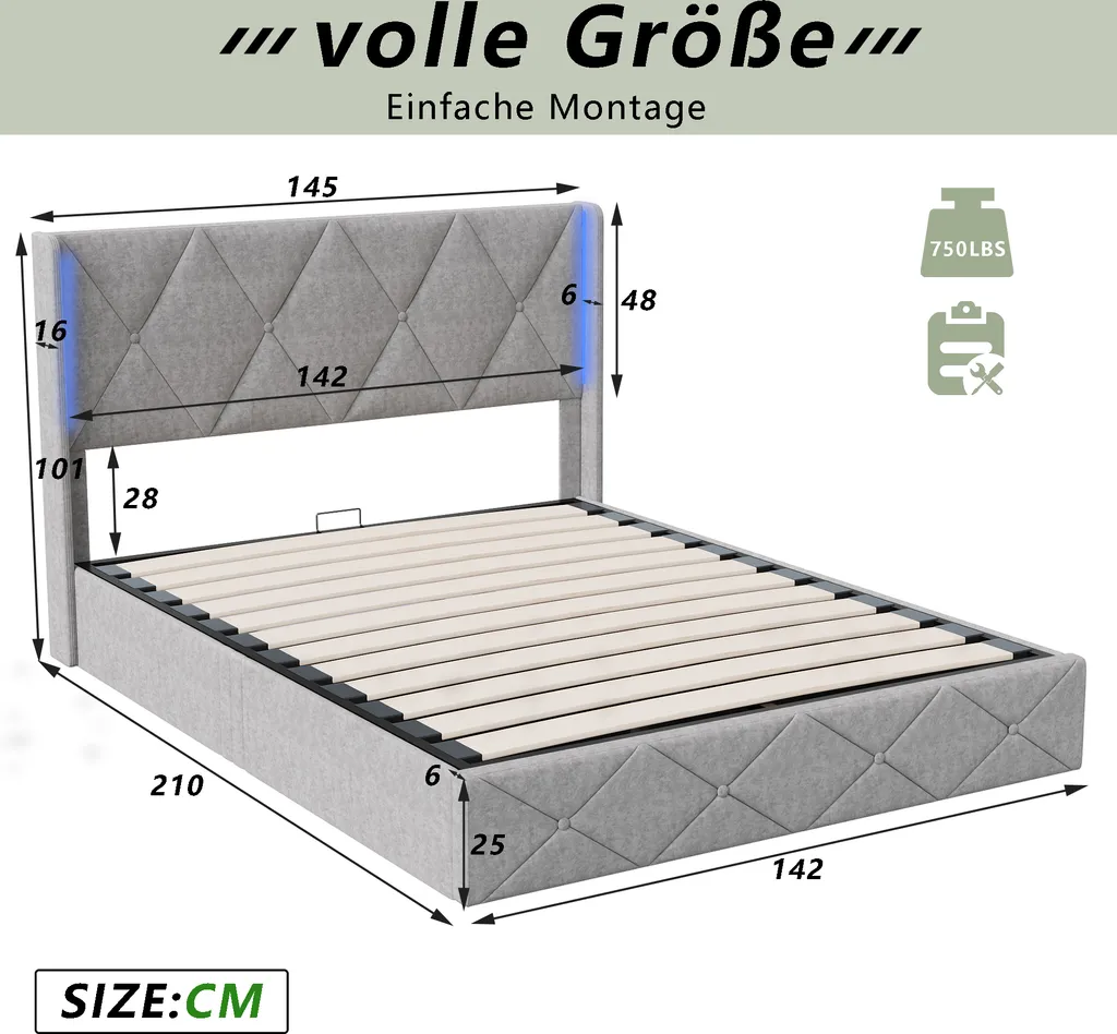 Lit Double avec Coffre de Rangement et Tête de Lit Lumineuse en Velours