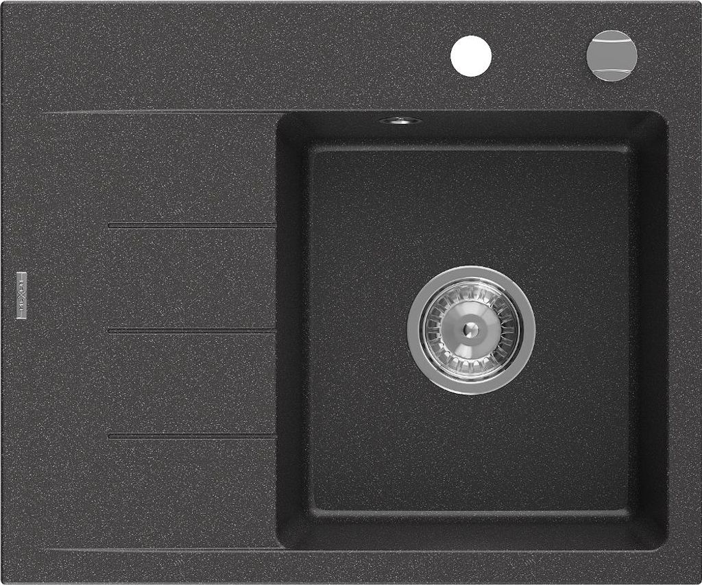 Mexen Ben Granitspüle 1-beckig mit Abtropffläche rechts 600 x 500 mm, schwarz gesprenkelt, Siphon Chrom - 6523605000-76