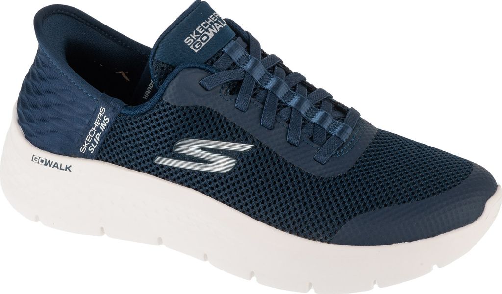 A single blue Skechers sneaker with a white sole is shown against a white background.