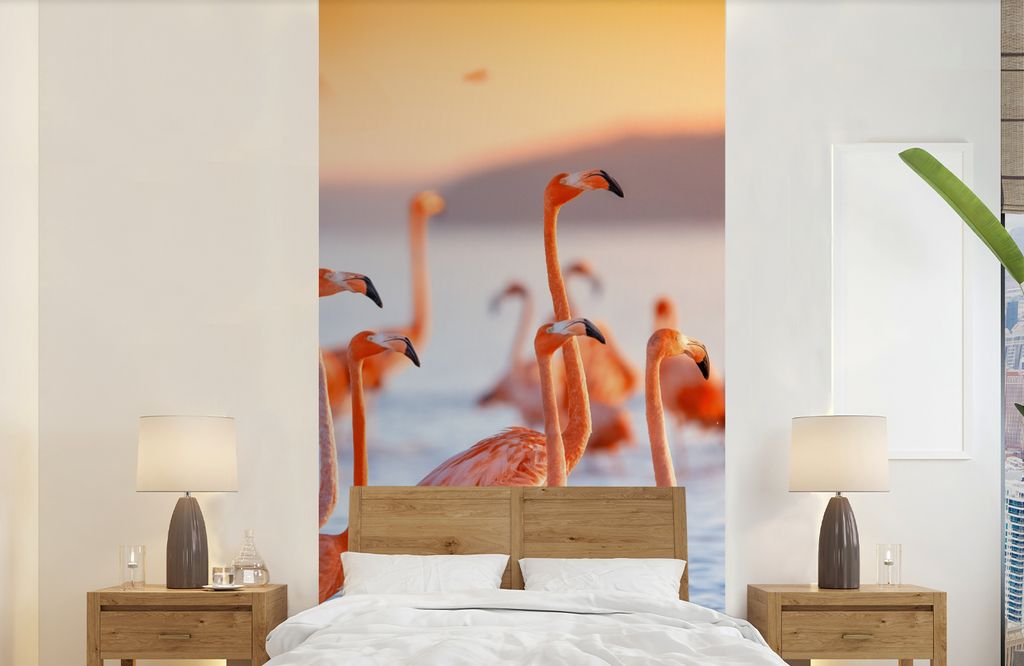 MuchoWow Fototapete für Wohnzimmer oder Schlafzimmer Wandtapete Vinyl Motivtapete Flamingo - Tiere - Wasser - Rosa - 120x240 cm - Hintergrundbild