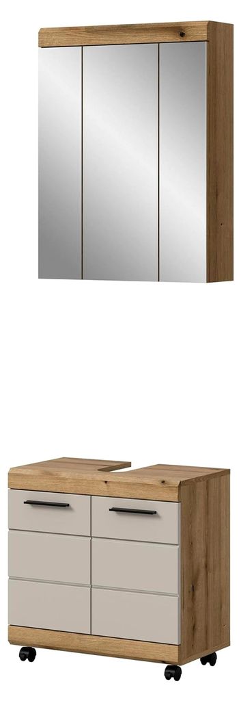 2-tlg. Badkombination Scout 60x191x34 cm in Evoke Oak & Kaschmir – Mobiles Set aus Waschbeckenunterschrank und Spiegelschrank auf Rollen – Edle...