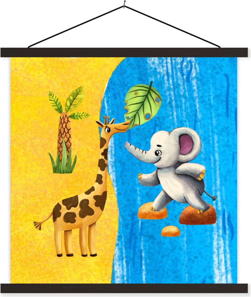 MuchoWow Textilposter Elefant - Giraffe - Strand - Meer 90x90 cm mit schwarzem Rahmen - Magnetisches