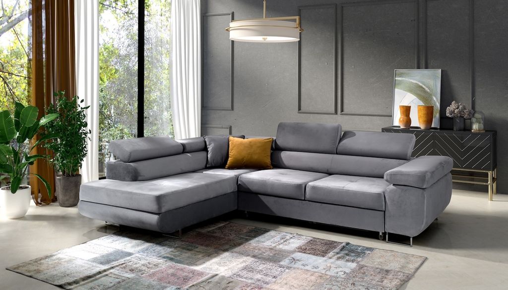 Ecksofa in L-Form "Mediolan", L-förmige Eckcouch mit Schlaffunktion, ausziehbares Sofa, 1 Bettzeugbehälter, verstellbare Kopfstützen, (Monolith 84)