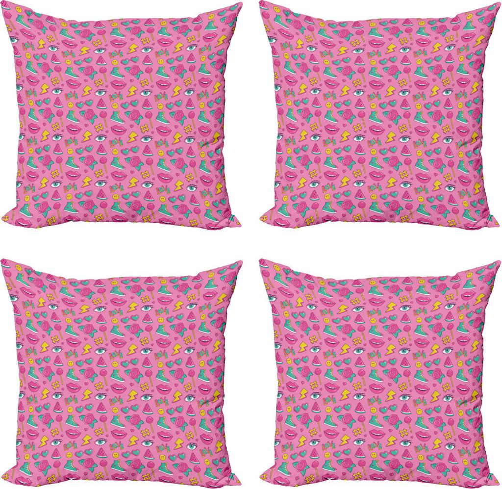 ABAKUHAUS emoticon Kissenbezug Set (4 Stück), Retro Comics auf Rosa, Moderner Doppelseitiger Digitaldruck, 45 cm x 45 cm, Rosa Meer Grün Gelb