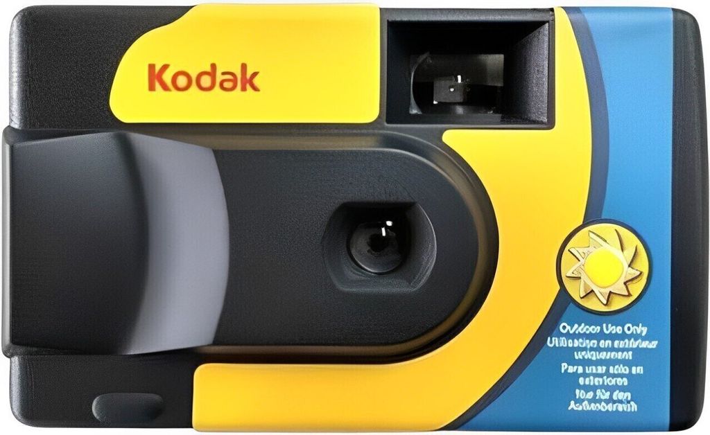 A close-up front view of a Kodak disposable camera.