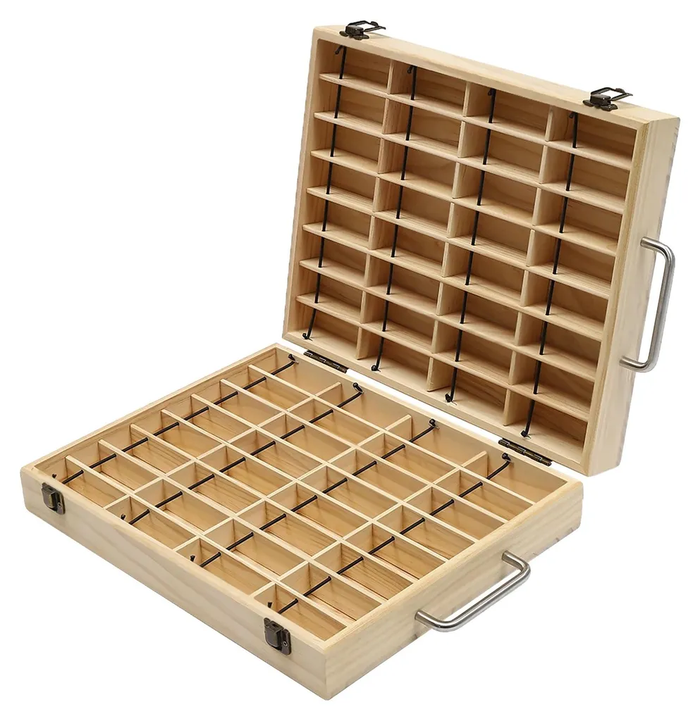 Organisateur huiles essentielles 64 emplacements bois pin jaune