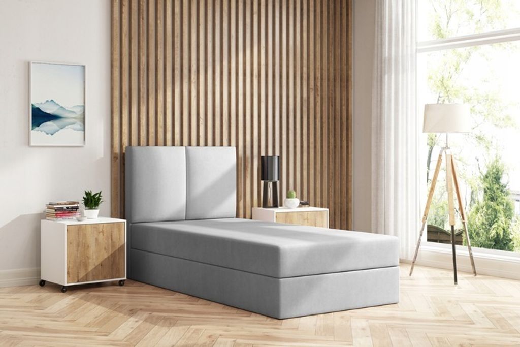 Einzelbett ASTI 90 cm x 200 cm AMOR VELVET 18 Hellgrau Boxspringbett mit Bettkasten Kontinentalbett Jugendbett