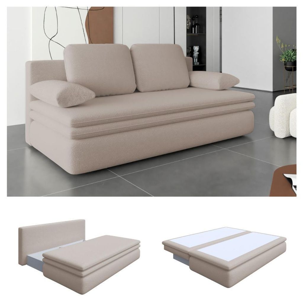 Schlafsofa Bondi mit Bettkasten und Kissen, Sofa mit Schlaffunktion Boucle Stoff (Beige - Fredo 10)