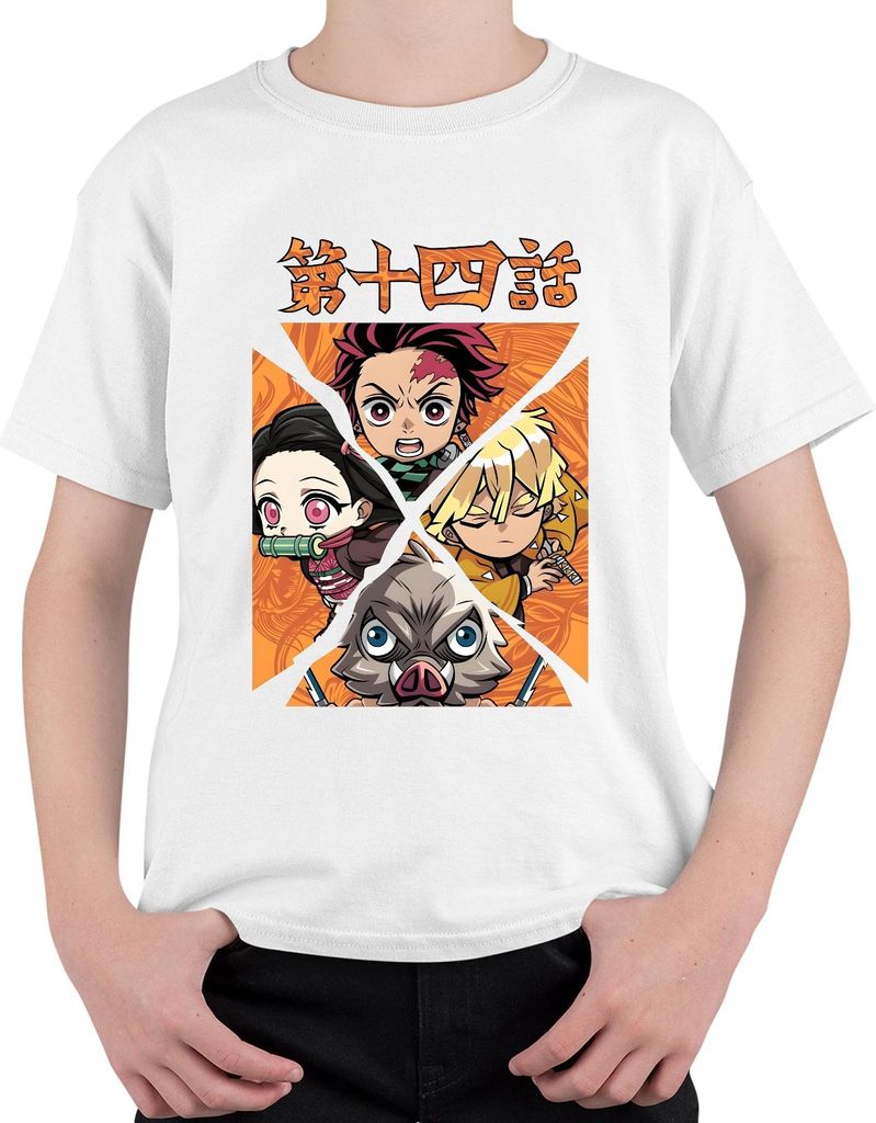 Kimetsu no Yaiba Tanjiro Nezuko Zenitsu Inosuke Chibi Geschenk Uni Kinder T-Shirt, Weiß, 104