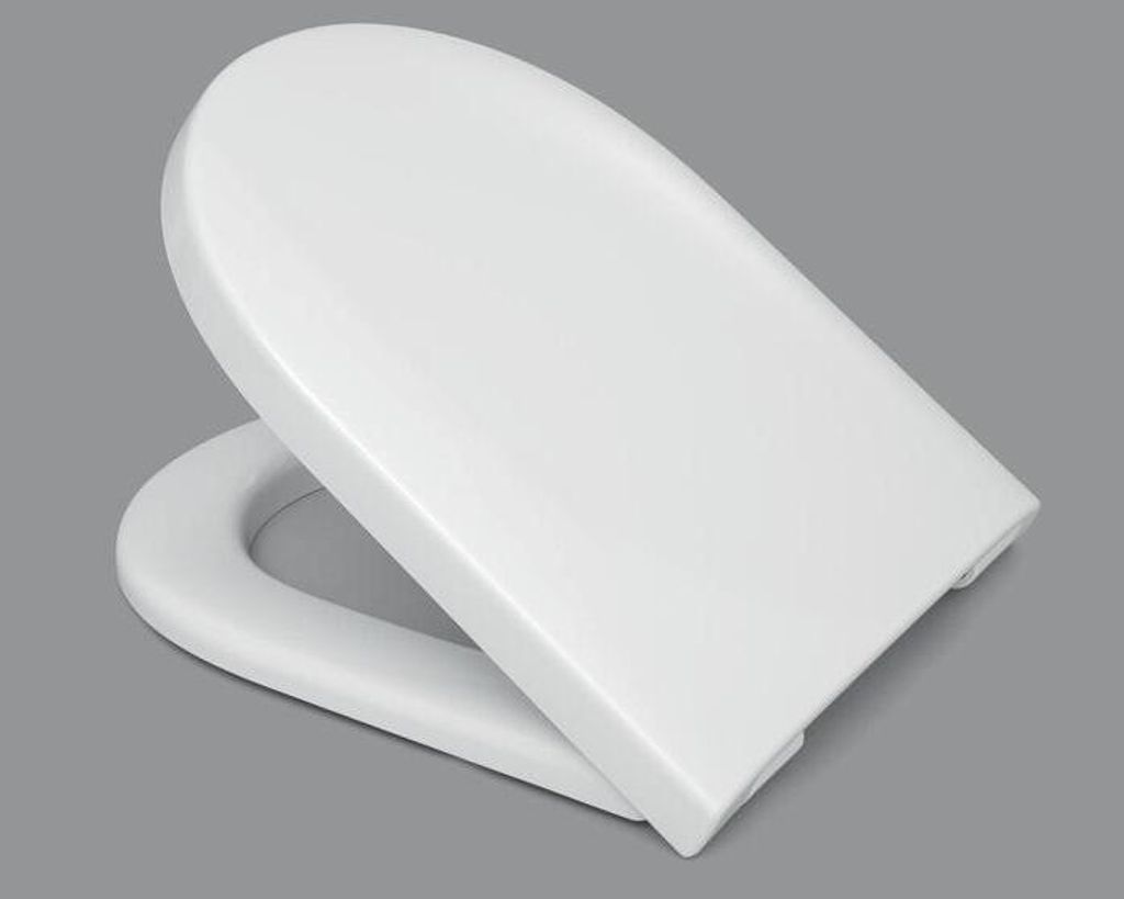 A white toilet seat is shown from a slightly elevated side angle against a plain gray background.