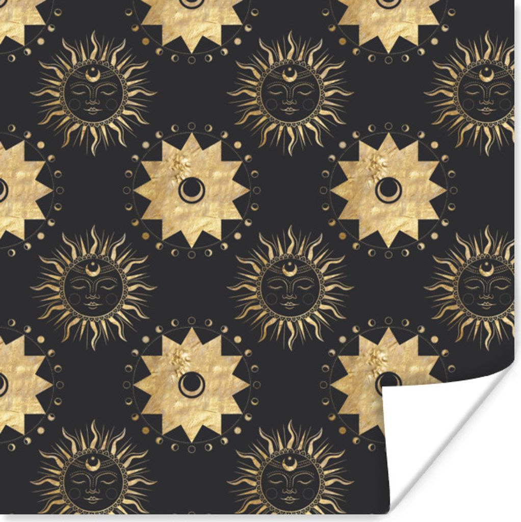 MuchoWow Poster Muster - Sonne - Sterne - Gold 75x75 cm - Wand Dekoration