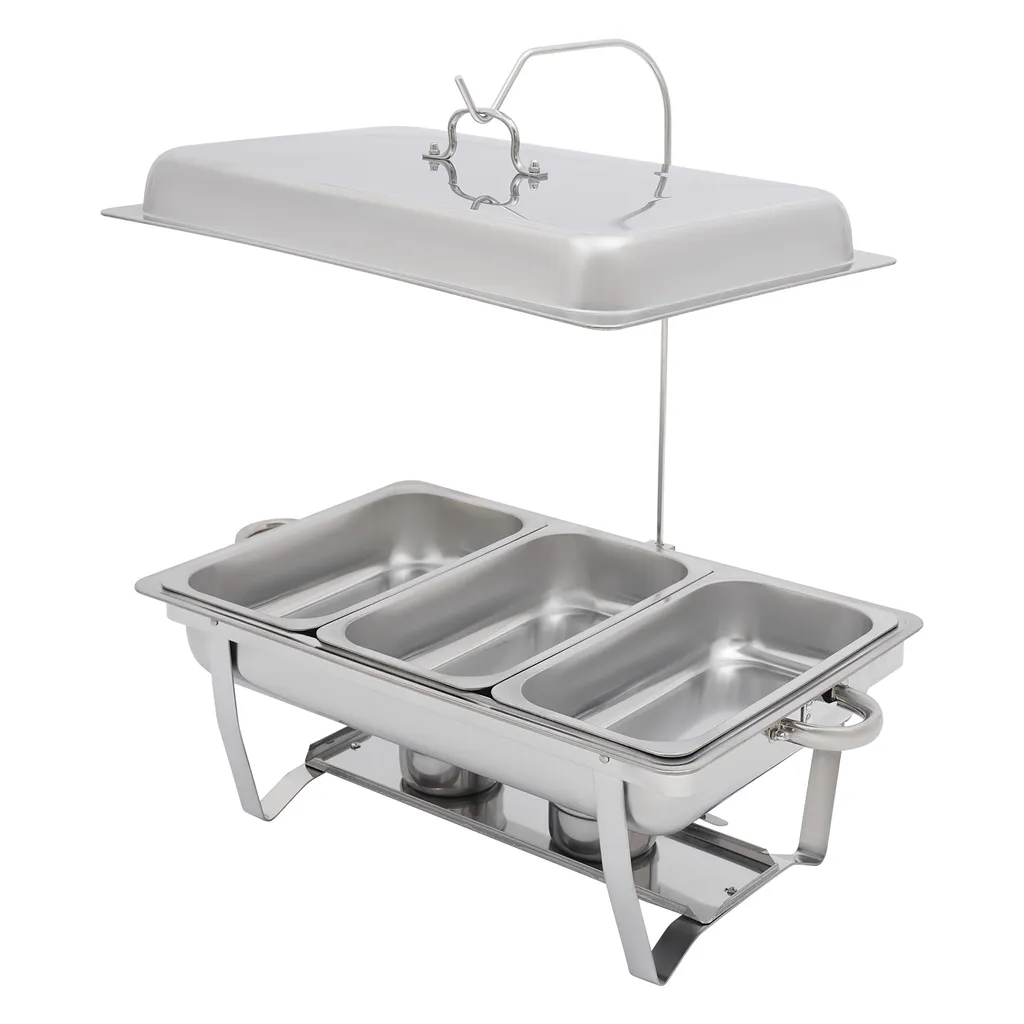 Chafing Dish Rectangulaire 9L Argenté - Réchaud de Buffet 3 Récipients - 9