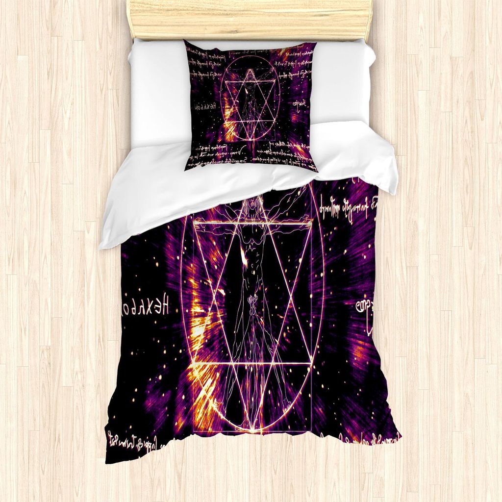 ABAKUHAUS Geometrie Bettbezug Set, Vitruvian Mann mit geistigen okkulten Thema-Symbolen Geheimnis des Universums Artsy Grafik, 135 x 200 cm + 80 x ...