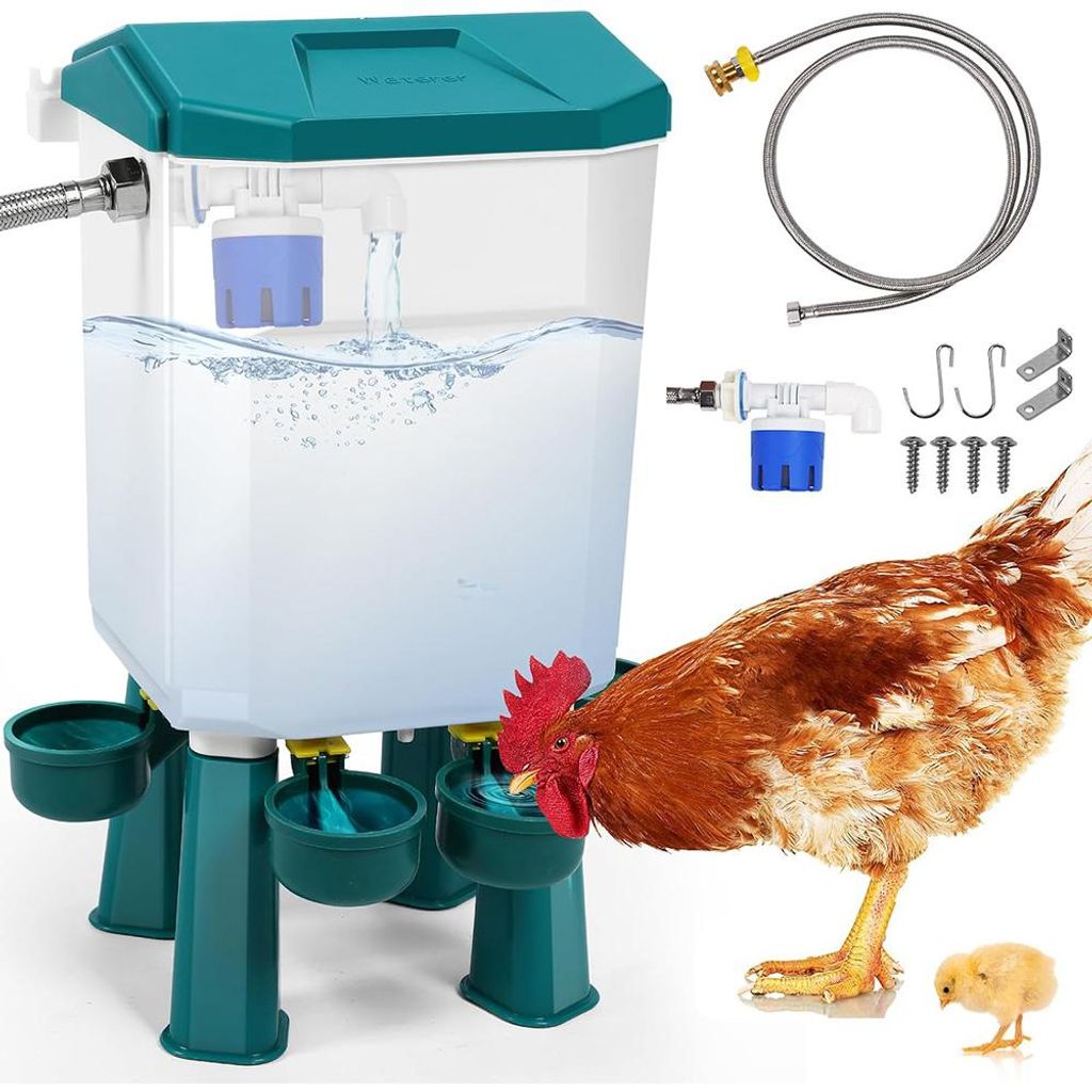Automatic Chicken Waterer| Float-Control Auto Waterer, Hanging/Standing Design, Connect to 3/4'' Faucet & Hose, hygienischer Futterspender und Tränke