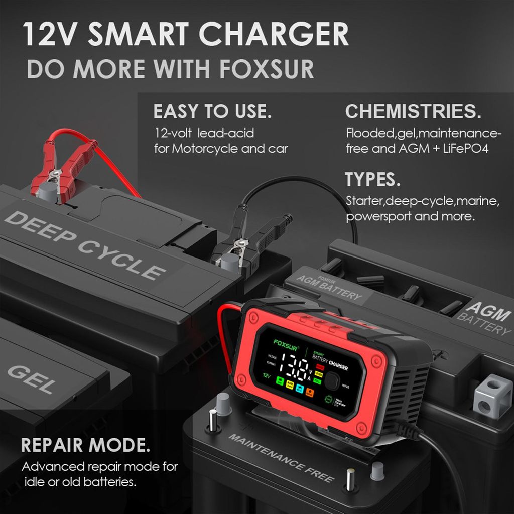 FOXSUR Autobatterie-Ladegerät, intelligent, mit Funktion, großes, buntes Display, Mehrfachschutz, 100–240 V, für 12 V, SUV, Wohnmobil, Motorra...