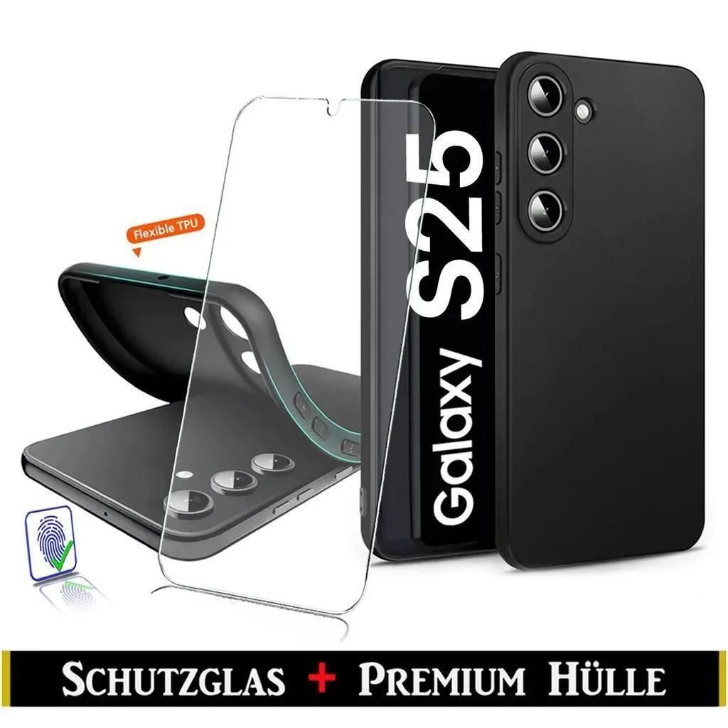Für Samsung Galaxy S25 5G Silikon Schwarz Kamera Schutz Hülle + Panzerglas Echt Glas Display Schutzglas