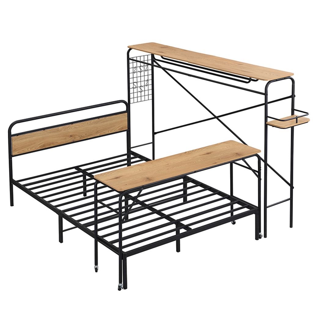 Metallbett, Flachbetten + Tisch + Vertikaler Garderobenständer, Tisch mit Rädern, Kompletter Satz Schlafzimmermöbel, Heranwachsende und Erwachsene,