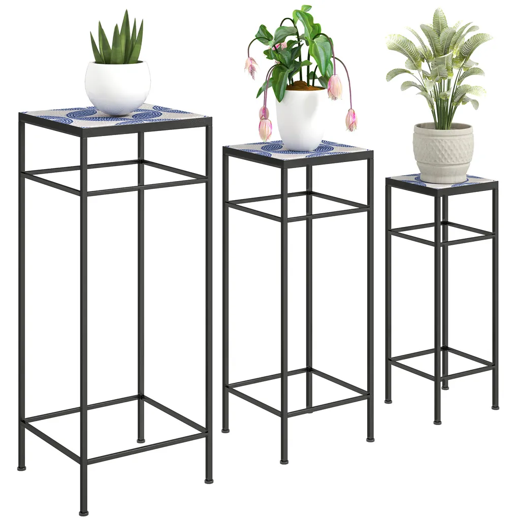 Set de 3 supports pour plantes Outsunny en métal noir, hauteur 71 cm