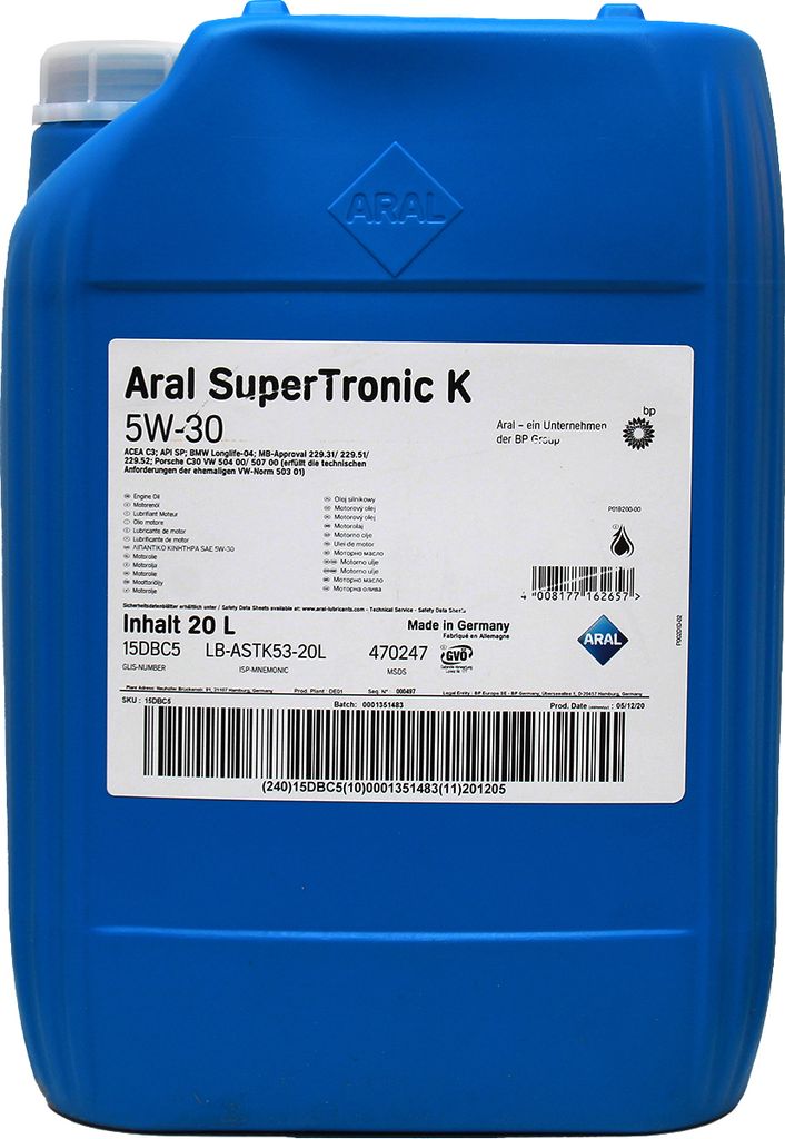 A blue plastic canister of Aral SuperTronic K 5W-30 engine oil.