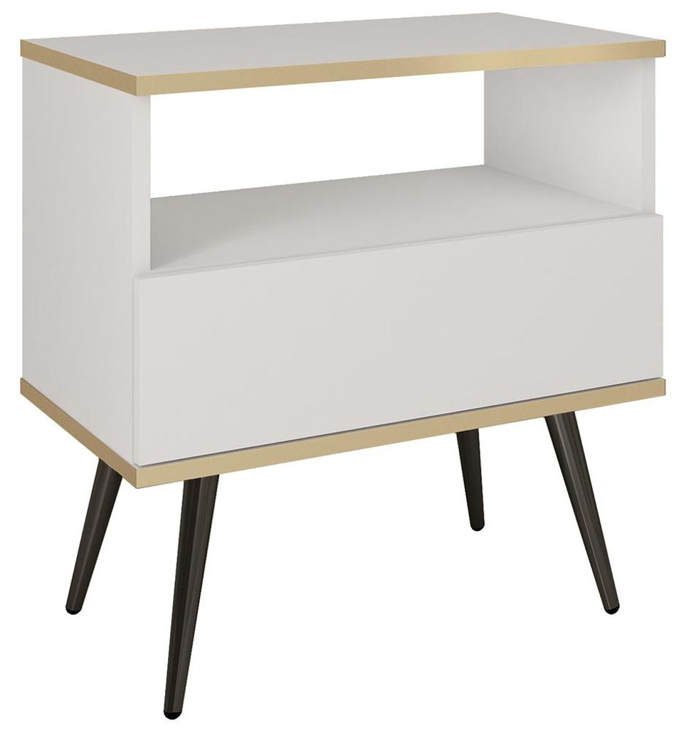 Schlafzimmer Nachttisch mit 54 cm Breite in Weiß, 1 Schublade & schwarzen Füßen - OLOVO-160