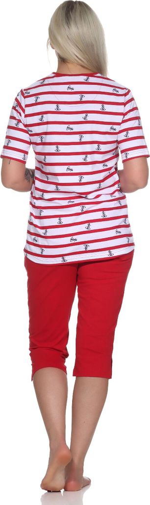 Normann Damen kurzarm Schlafanzug mit Caprihose in maritimer Optik - auch in Übergrössen ; rot , 44