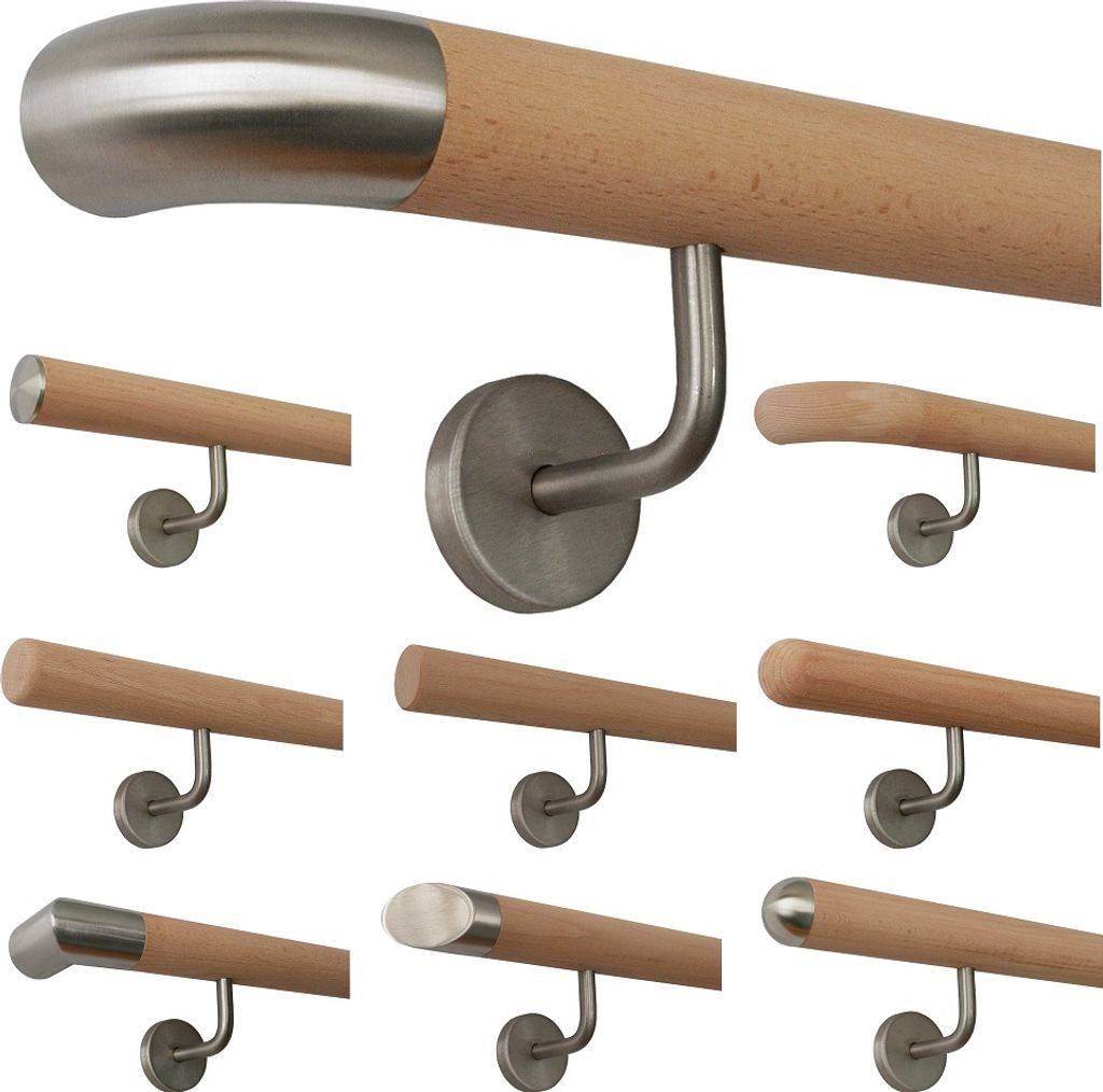 TIBU Buche unbehandelt Holz Handlauf Geländer 0,3m - 5m, Länge 350 cm, Ende Edelstahlbogen und 5 gewinkelte Halter