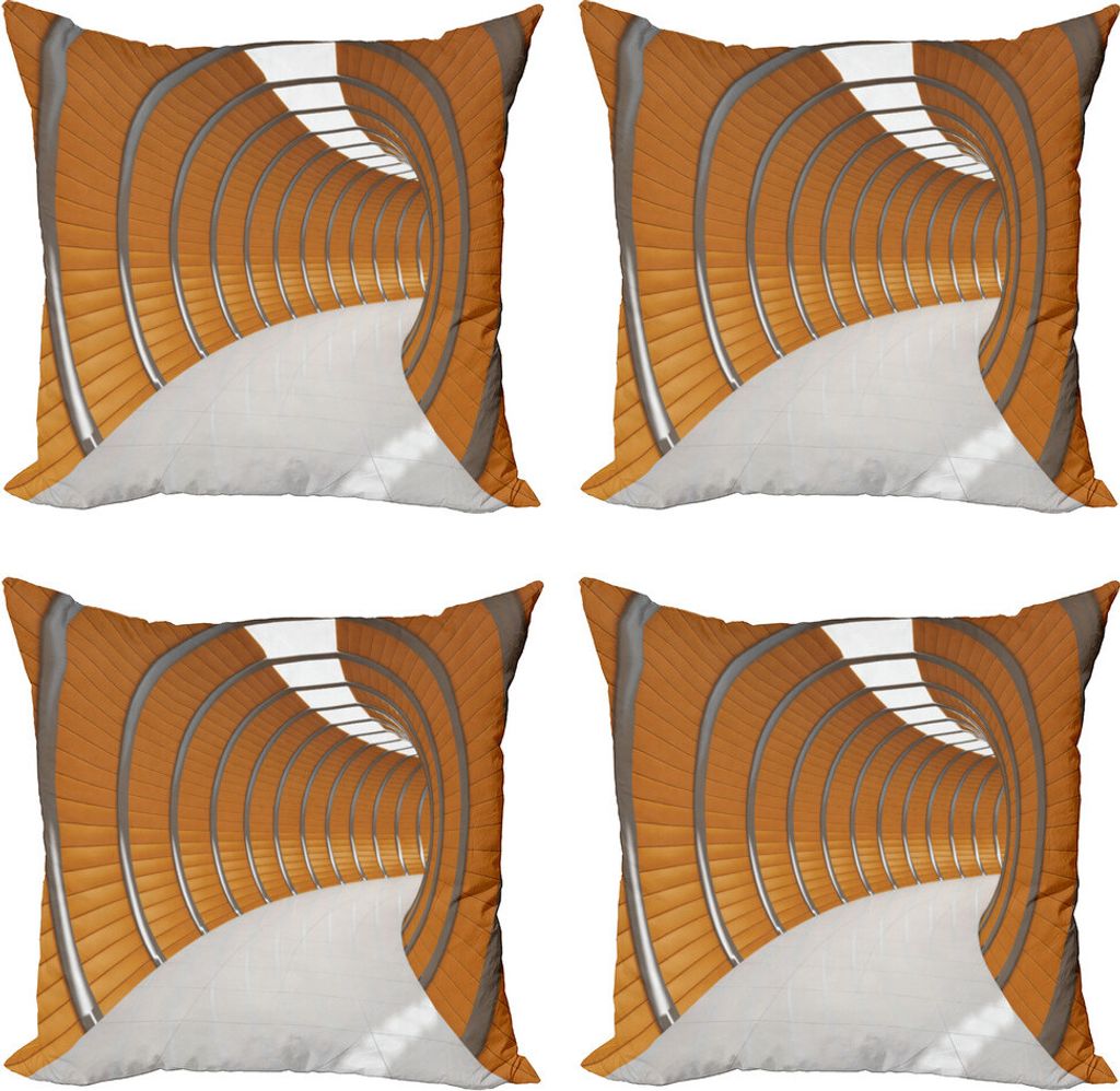 ABAKUHAUS Modern Kissenbezug Set (4 Stück), Geometrische Lange Tunnel, Moderner Doppelseitiger Digitaldruck, 40 cm x 40 cm, Orange Grau