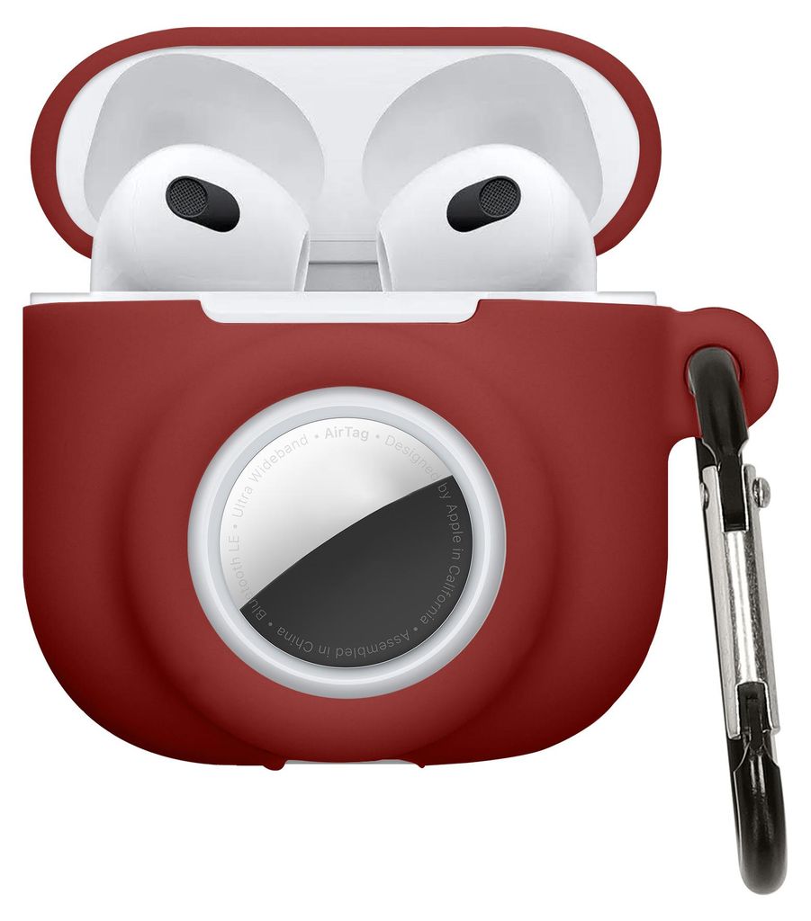 kwmobile 2-in1 Schutzhülle für Apple Airpods 4 Hülle - Kopfhörer Silicon Case kompatibel mit AirTag - stoßfestes Cover mit Karabiner - Bordeaux