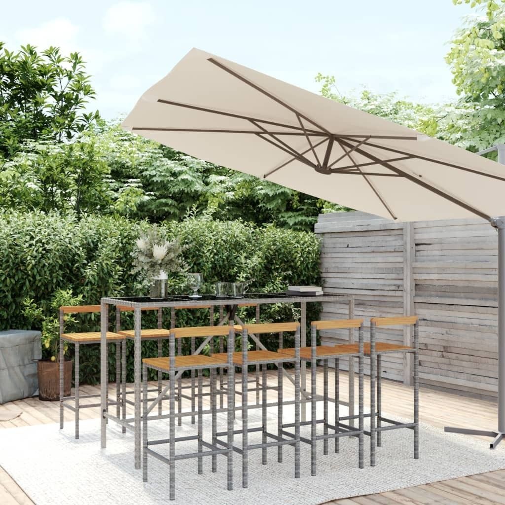 "2026 Promotion" 9-tlg. Gartenbar-Set Grau Poly Rattan & Massivholz Akazie - Gartenmöbelset CC9930