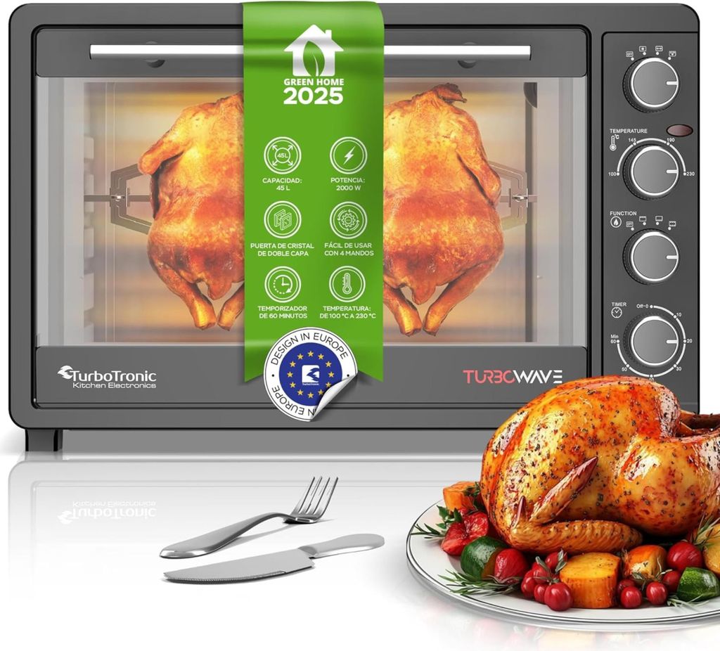 TurboTronic Mini Backofen - EV45 - 38L Tischbackofen mit Umluft, Ober-/Unterhitze & Drehspieß, 2000W, Innenbeleuchtung, Edelstahl, inkl. 2x Backbl...