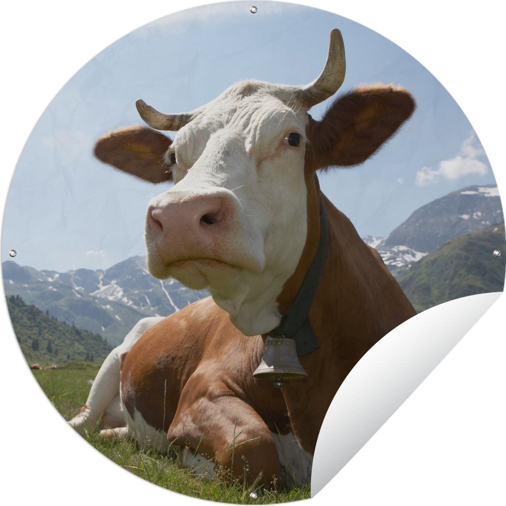 MuchoWow Gartenposter Outdoor-Poster Rund Kuh - Berg - Glocke - Landwirt Ø 90 cm Gartendeko Rundes Poster draußen