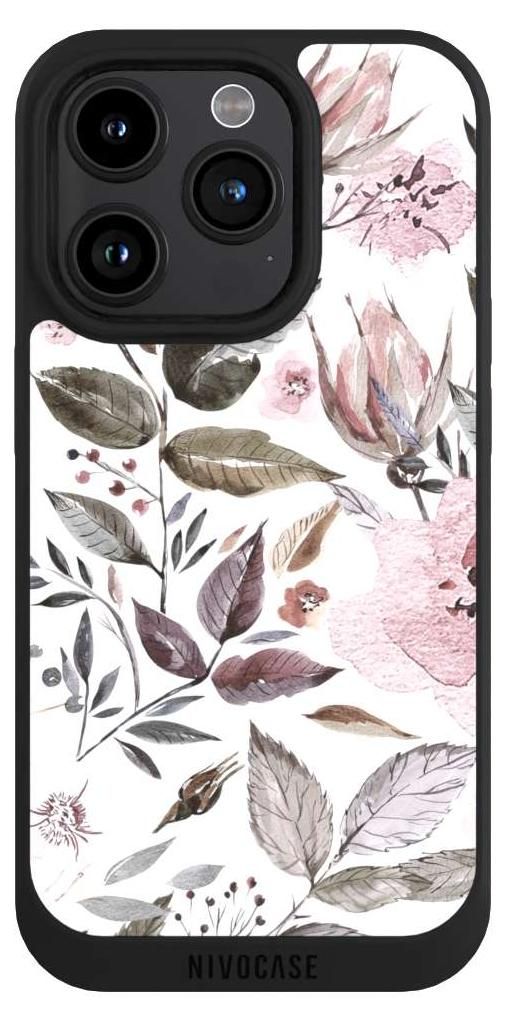 NIVOCASE Handyhülle für Apple iPhone 15 Pro Hülle NIVOpure Case Schwarz Blumen Pastell Wasserfarbe