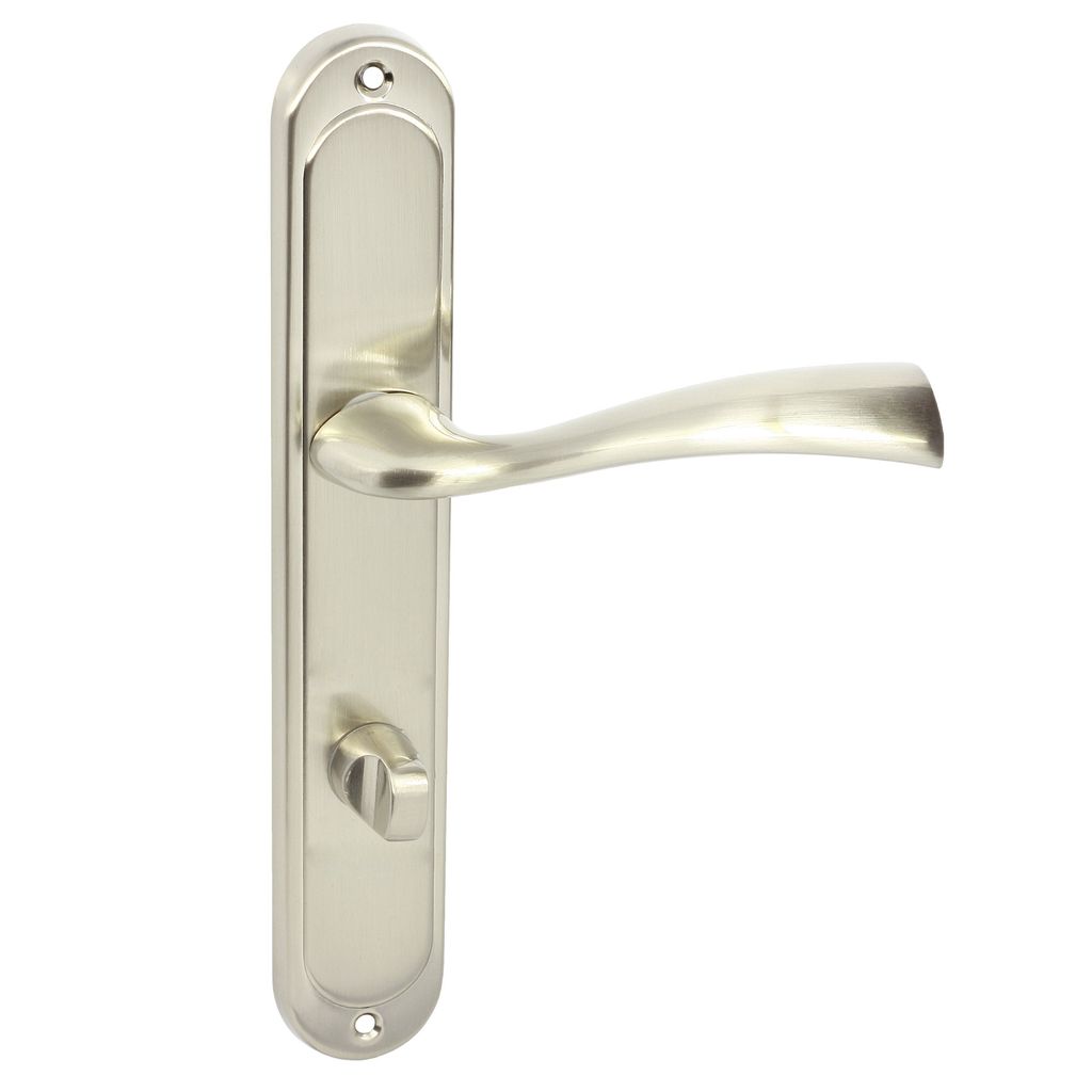 A silver-colored door handle set with a lock mechanism, isolated on a white background.