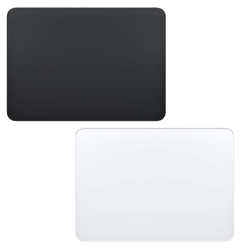 Two rectangular objects with rounded corners, one black and one white, are shown against a white background.