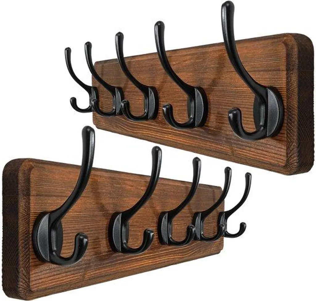 Porte-manteau mural en bois brun rustique avec 5 crochets doubles - Lot