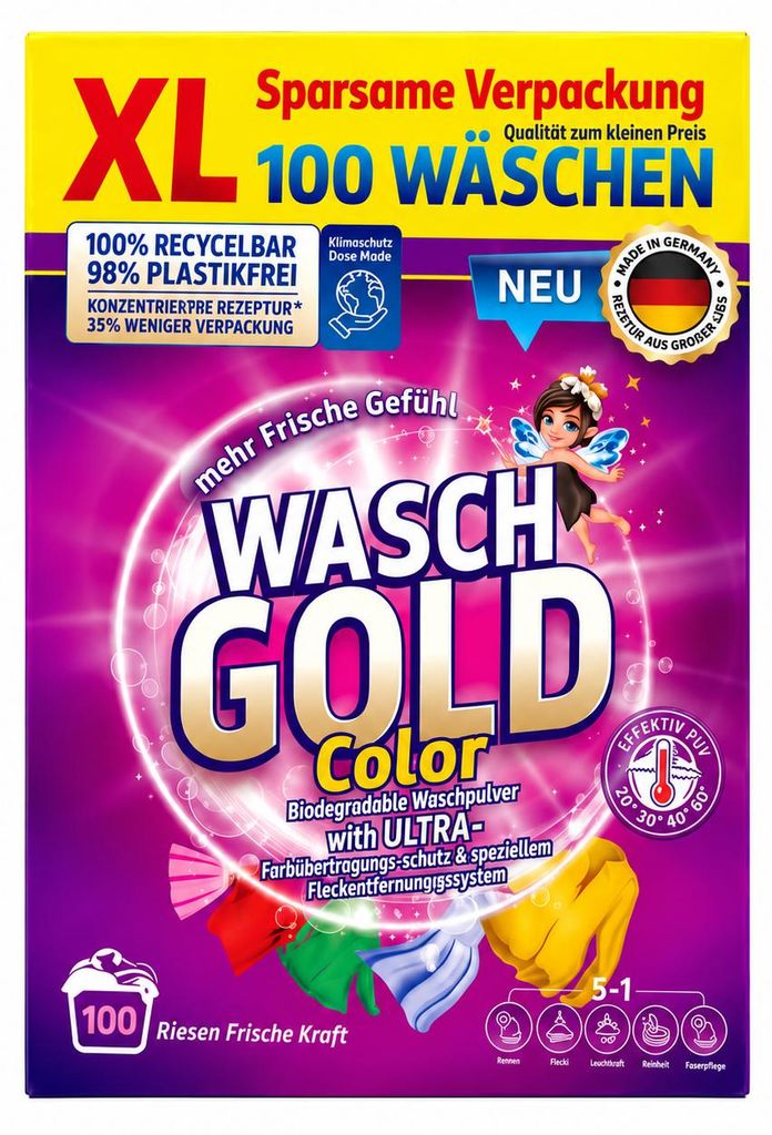 WaschGold Colorwaschmittel – Buntwäsche, 6 kg, 100 Wäschen Produktbild 
