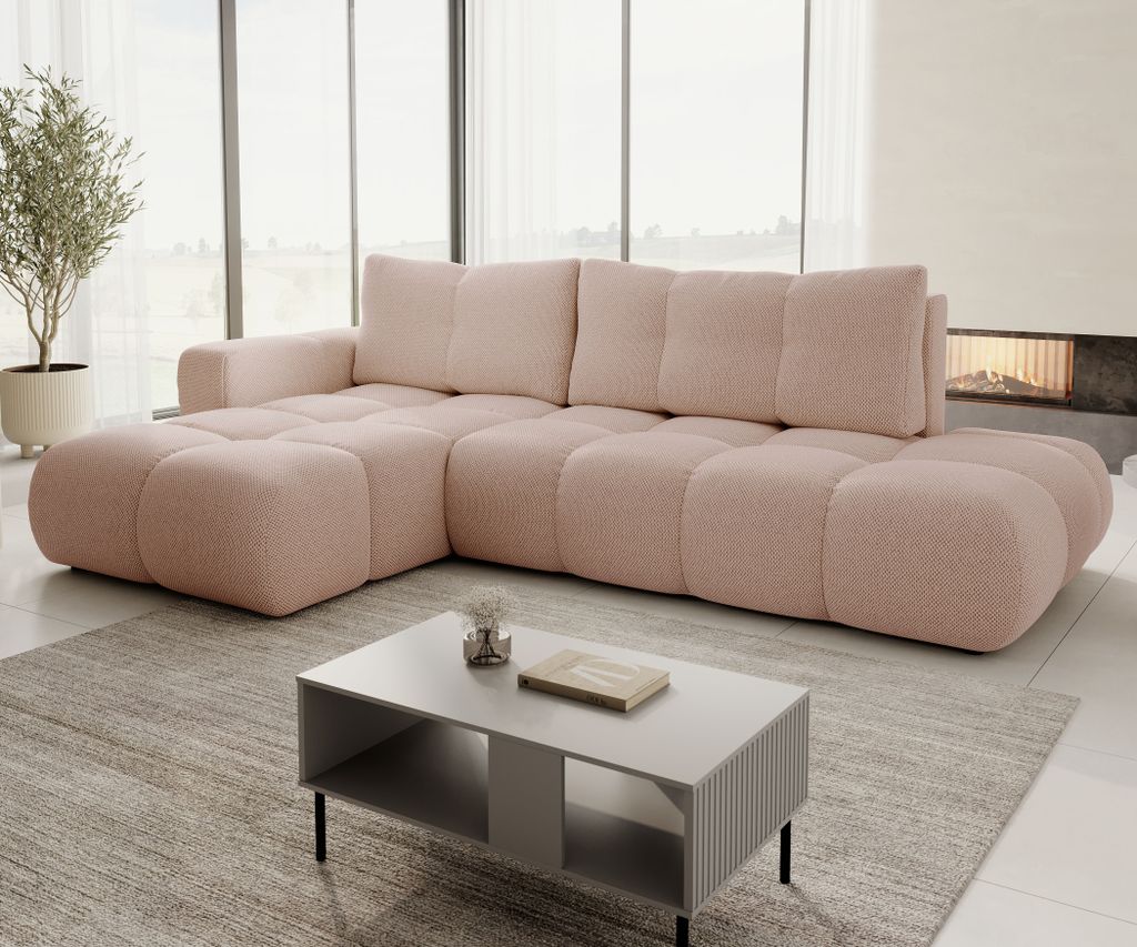 AX LIVING Ecksofa mit Schlaffunktion Hosio, 288 cm, hellcreme-rosa Polsterung Links