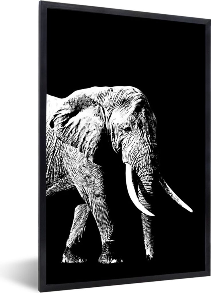 MuchoWow Gerahmtes Poster Elefant vor schwarzem Hintergrund - schwarz und weiß 40x60 cm - Poster mit Schwarzem Bilderrahmen Wandposter Rahmen Fo...