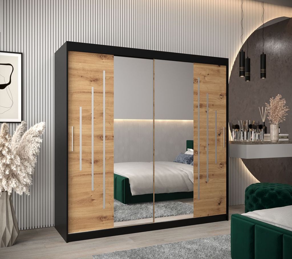 Kleiderschrank mit Spiegel SOFIA – Breite 200 cm, schwarz / Eiche artisan