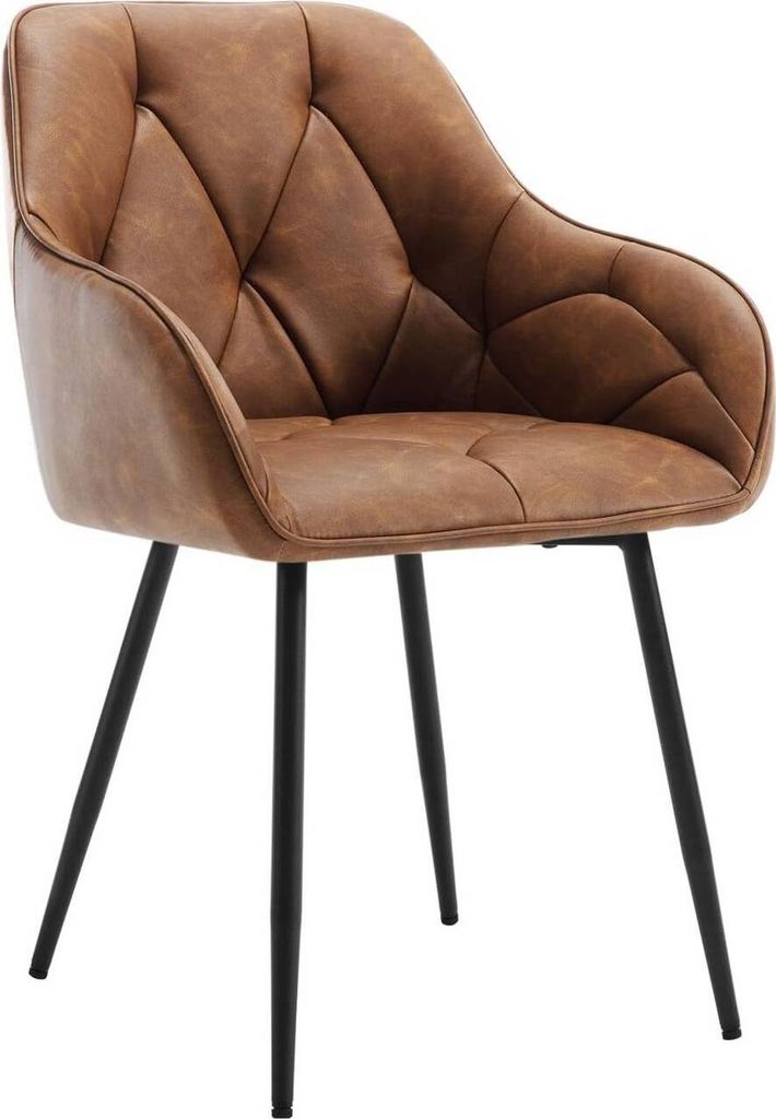 A single brown armchair with black metal legs against a white background.