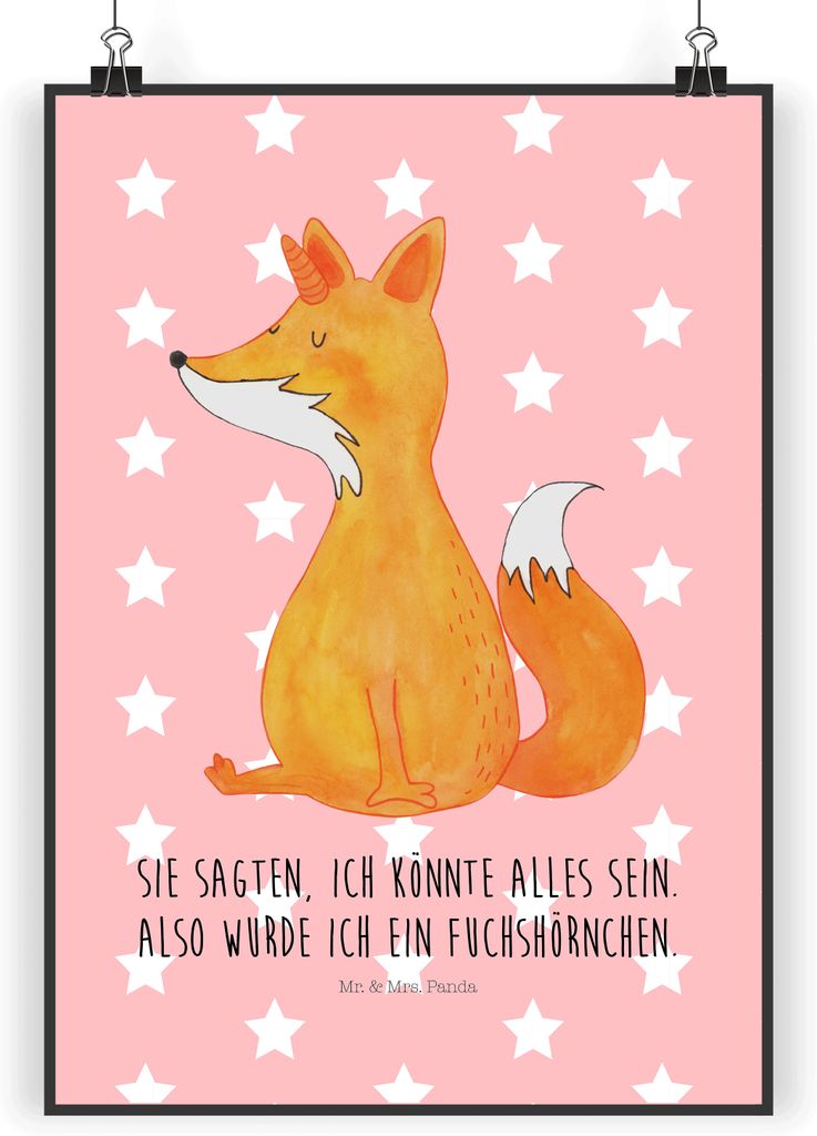 Mr. & Mrs. Panda Bild Einhorn Fuchs DIN A5 - Rot Pastell - Geschenk, Füchse, Wandbild, Plakat, drucke, wanddeko, Posterdruck, Einhörner, Unicorn,...