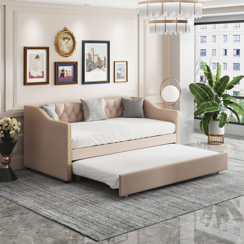 Ausziehbares Schlafsofa (90 x 200 cm), Kinder- und Gästebett, strapazierfähiger Leinenstoff, beige