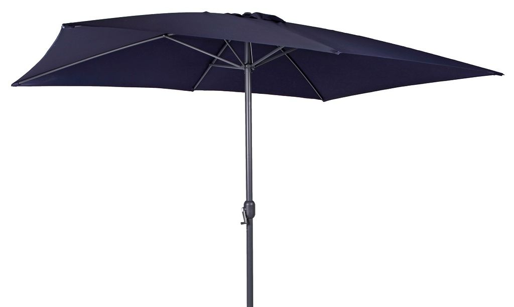 A navy blue rectangular patio umbrella is shown against a white background.
