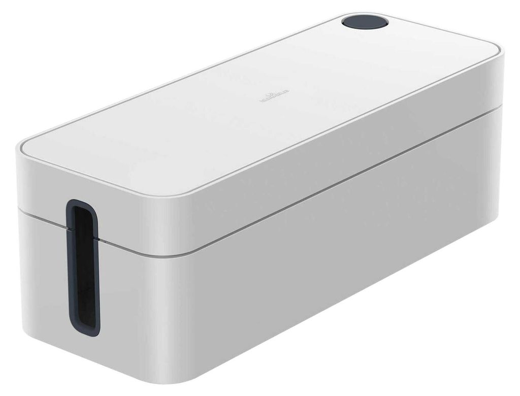 A white cable management box with a dark gray opening and a dark gray circular detail on top.