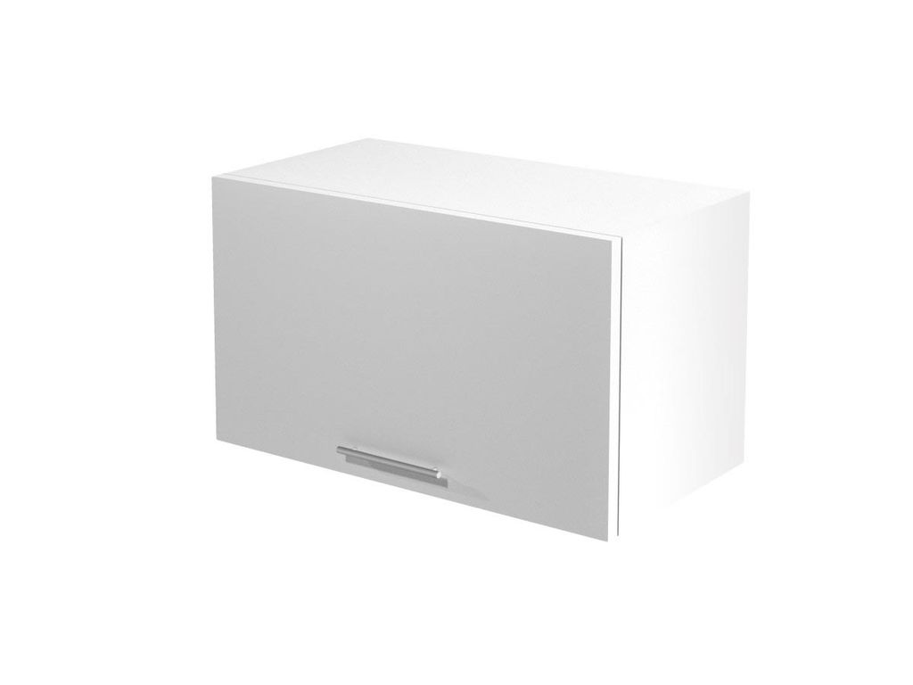 A white kitchen cabinet with a handle on a white background.