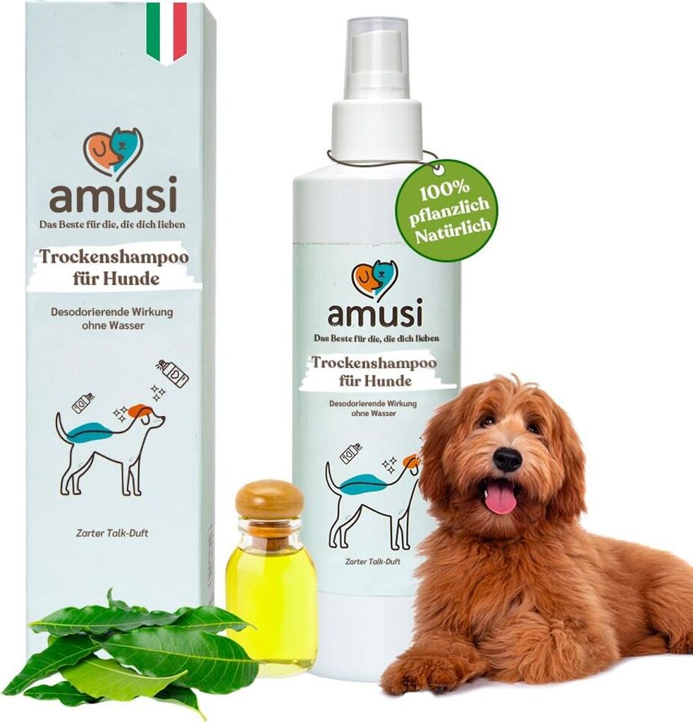 amusi Spray für Hunde 250 ml Italy - Hundeshampoo Spray gegen Juckreiz ohne Ausspülen, hypoallergen, pflegt und beruhigt das Fell Ihres Hundes
