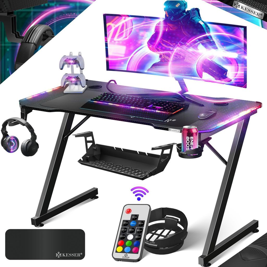 KESSER Gaming Tisch LED | Z-Form Gamer Schreibtisch | Kopfhörerhaken & Kohlebeschichtung | Ergonomischer PC Computertisch | Stabiler Tisch mit M...