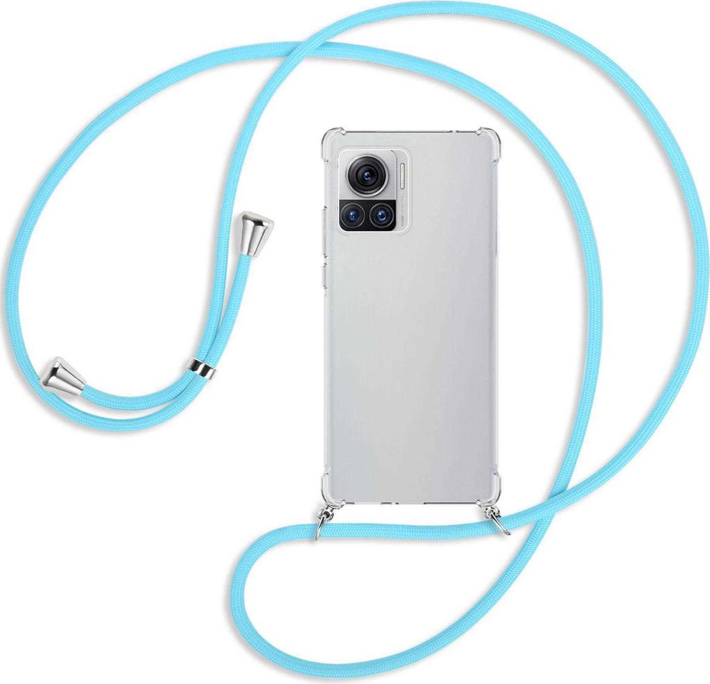 Handykette Backcover-Schutzhülle mit Band (Metall silberfarben) für Motorola Edge 30 Ultra, Moto X30 Pro - himmelblau